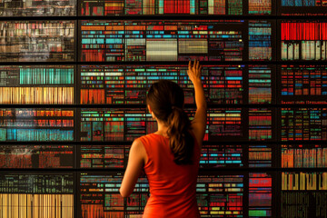 Wall Mural - a female it professional with their back to the viewer observing the large amount of computer monito