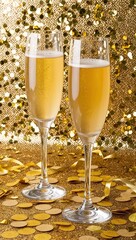 Glittering champagne glasses and golden confetti background for invitation or card screensaver