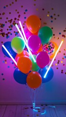 Neon glow sticks and confetti filled balloons background for invitation or card screensaver