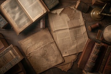 Poster - A collection of ancient books and scrolls rests on a wooden table, showcasing historical artifacts and the mysteries of the past. Generative AI