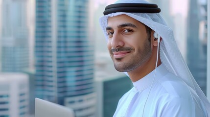 Young Middle Eastern businessman engages in a video call, utilizing his laptop in a stylish modern office.