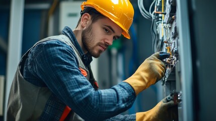 An industrial electrician performing routine maintenance on a conveyor system, checking electrical connections and controls,