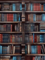 Leinwandbilder - The wooden shelves showcase an extensive variety of textbooks and academic literature, creating an inviting study atmosphere. Generative AI