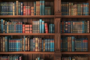 Aufkleber - Well-organized wooden shelves showcase a diverse collection of textbooks and academic literature, highlighting a study environment. Generative AI