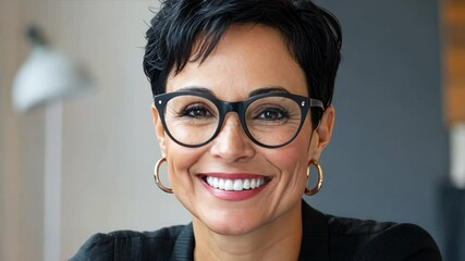 Poster - A confident businesswoman with short black hair and stylish glasses, smiling while working at her desk, surrounded by documents and a laptop in a modern office setting	