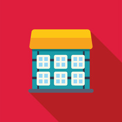 Poster - two storey building with yellow roof flat icon on a red background with long shadow