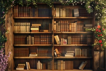 Poster - Wooden shelves filled with various textbooks and academic literature, complemented by vibrant greenery and decorative flowers nearby. Generative AI