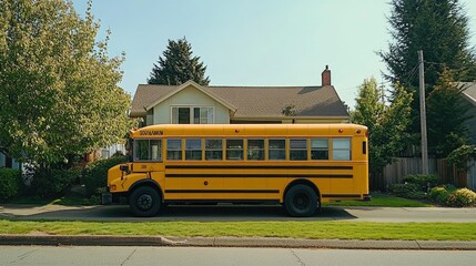 A vibrant yellow school bus parked in front of a suburban house, ready to pick up students for the new school year.