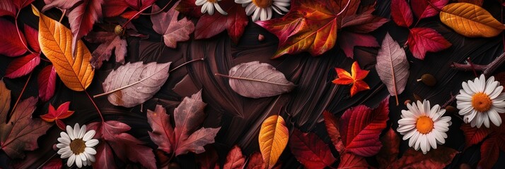 Sticker - A collection of autumn leaves and flowers in warm tones is artfully spread on a dark background, highlighting the beauty of the season. Generative AI