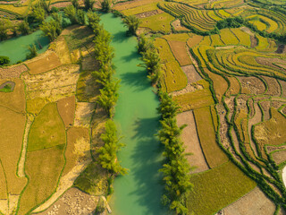 Wall Mural - A stunning aerial view of a small rural village nestled on the banks of a winding river, surrounded by lush rice fields and natural waterfalls in a verdant landscape.