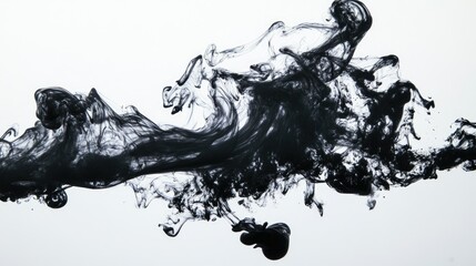 Fototapete - Close-up of black ink swirling in water, creating abstract shapes against a white backdrop, symbolizing creativity and fluidity.