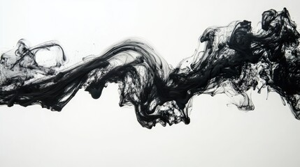 Fototapete - Close-up of black ink swirling in water, creating abstract shapes against a white backdrop, symbolizing creativity and fluidity.