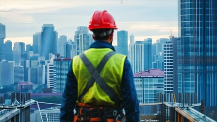 Poster - A construction worker in safety gear, standing on a modern bridge under construction, with the city skyline visible behind them Close-up photo with clean background	