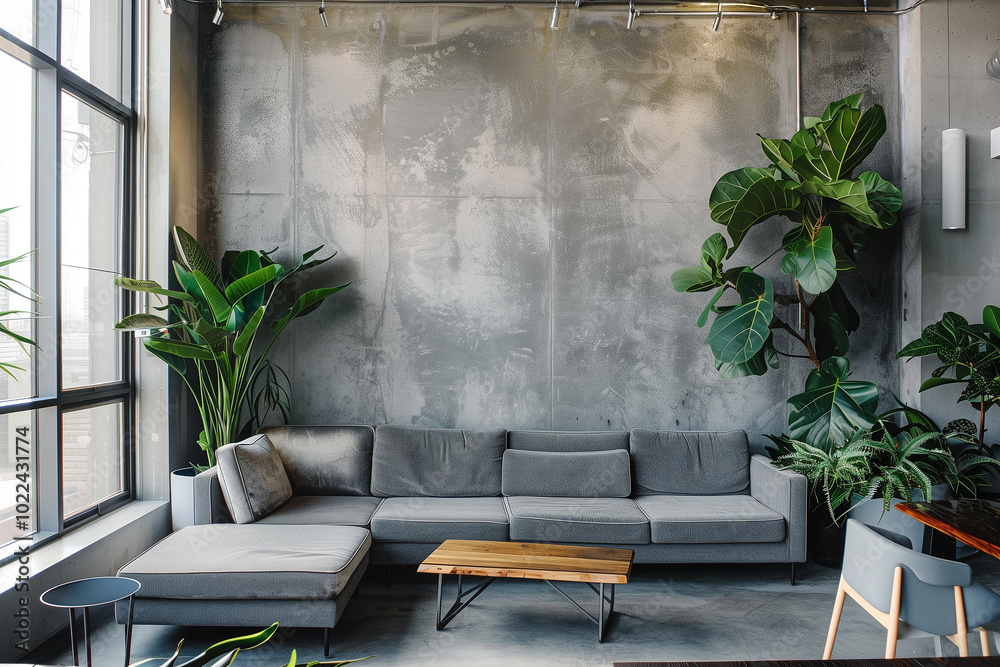 interior design concept Modern living room with concrete walls, a ...