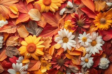 Poster - A vibrant mix of autumn leaves and cheerful flowers showcases warm tones, embodying the beauty of the fall season in full bloom. Generative AI