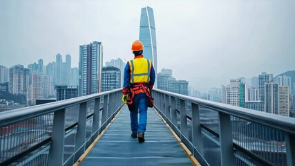 Poster - A construction worker in safety gear, standing on a modern bridge under construction, with the city skyline visible behind them Close-up photo with clean background	