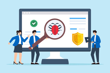 Poster - Flat illustration of three people analyzing computer for malware detection with antivirus software