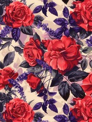 Poster - This floral design features lush red roses intertwined with delicate lavender on a soft background, perfect for spring-inspired decor. Generative AI