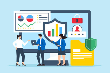 Poster - Flat illustration of team of analysts discussing data privacy with cybersecurity charts
