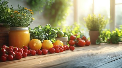 Fresh vegetables and fruits displayed on a wooden table, bathed in warm sunlight, showcasing a vibrant and healthy lifestyle.