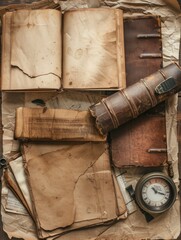 Poster - Old, weathered books and scrolls are displayed on a table alongside historical artifacts, creating a sense of timelessness and discovery. Generative AI
