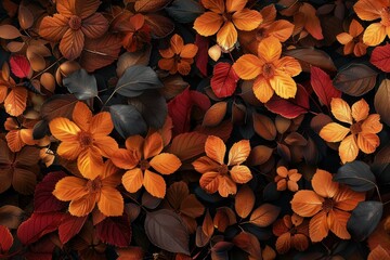 Poster - Leaves in warm oranges and reds blend with blooming flowers, creating a rich tapestry on a dark background, evoking autumn's beauty. Generative AI
