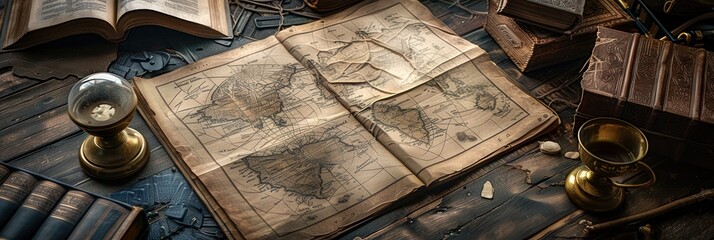 Poster - Ancient maps, historical books, and artifacts are laid out on a wooden table, reflecting a time of exploration and discovery. Generative AI