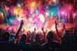 © btiger - Colorful Music Festival with Fireworks and Dancing Crowd at Night Club or Concert