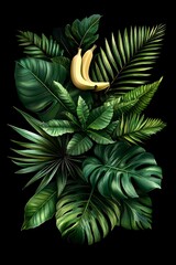 Aufkleber - A vibrant arrangement of green leaves with two bananas, creating a lush, tropical feel.