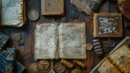 Poster - A collection of ancient books, scrolls, and artifacts rests on a wooden table, showcasing historical significance and craftsmanship. Generative AI