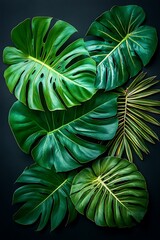 Poster - A vibrant arrangement of lush green tropical leaves against a dark background, creating a striking and natural aesthetic.