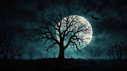 silhouette of tree branches in forest and blue full moon at midnight with bright and dark clouds, co