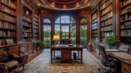 Elegant European-style home office with a panoramic 360 perspective, highlighting sophisticated furniture, bookshelves, and complete work-from-home facilities.