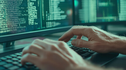 Close-up of hands on a keyboard, with lines of green code.