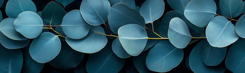 Poster - A close-up view of lush, teal-colored eucalyptus leaves arranged in a linear pattern, showcasing their unique shape and texture.
