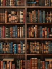 Poster - A cozy study area features wooden shelves brimming with classic textbooks and academic literature, inviting learning and exploration. Generative AI