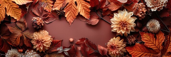 Poster - Colorful autumn leaves blend harmoniously with blooming flowers, creating a rich tapestry of warm hues perfect for seasonal decor. Generative AI