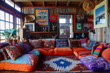 Stylish lounge area with oversized cushions and patterned textiles. interior design 