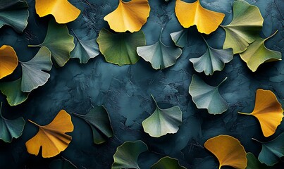 Poster - A vibrant arrangement of green and yellow ginkgo leaves against a dark background, showcasing nature's beauty in an artistic, flat lay design.