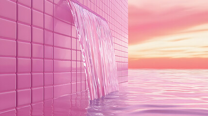 Poster - A pink tiled wall with a water stream and a pink sky