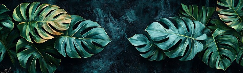 Poster - Lush green leaves are arranged on a dark background, creating a vibrant, tropical ambiance.