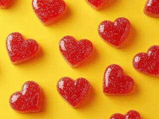 Wall Mural - Red Heart Shaped Candies on Yellow Surface