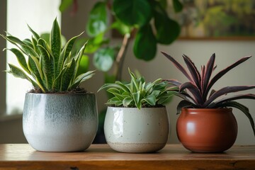 Wall Mural - Three Potted Plants on Wooden Table