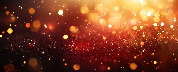 Wall Mural - Abstract gold and red bokeh background with glowing lights and glitter.