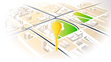 A yellow pin marker sits on a map of a city with green spaces.