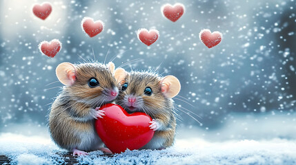 Poster - A pair of adorable mice cuddling with a red heart amidst a snow-covered landscape, with hearts suspended in the sky