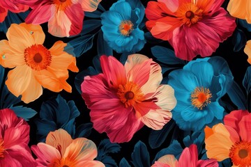 Poster - Bright, oversized flowers in various colors create a bold contrast with a black background, highlighting their intricate details and shapes. Generative AI