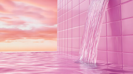 Wall Mural - A pink tiled wall with a water stream and a pink sky