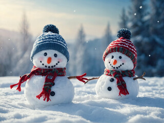 Two happy snowmen with knit hats and scarves stand merrily in the snow, embodying winter joy.