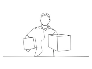 Continuous one line drawing of delivery courier man carries cardboard box package. Transport company, Moving service, Service delivery line art vector illustration. Editable vector.